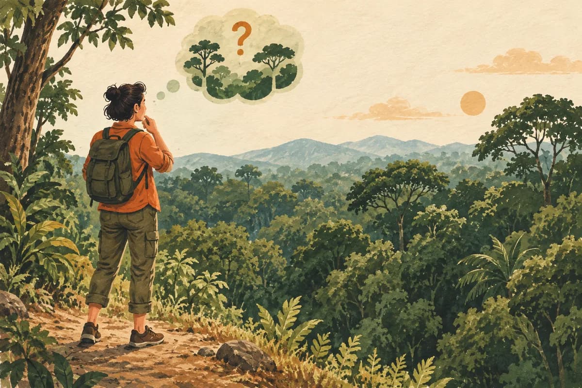 Conceptual illustration of a traveler considering a forest outing with a question mark