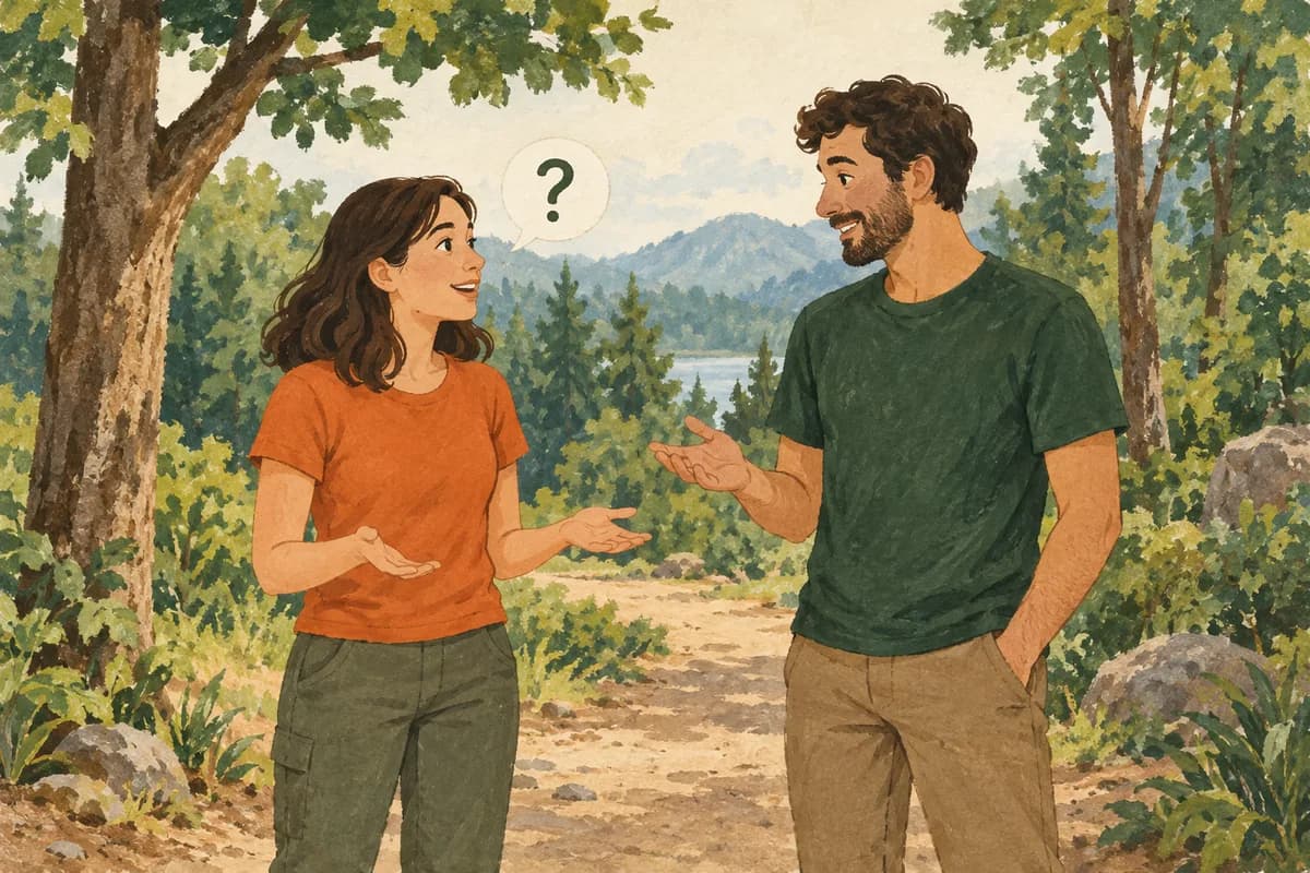 Conceptual illustration of two adults talking on ordinary ground beside trees