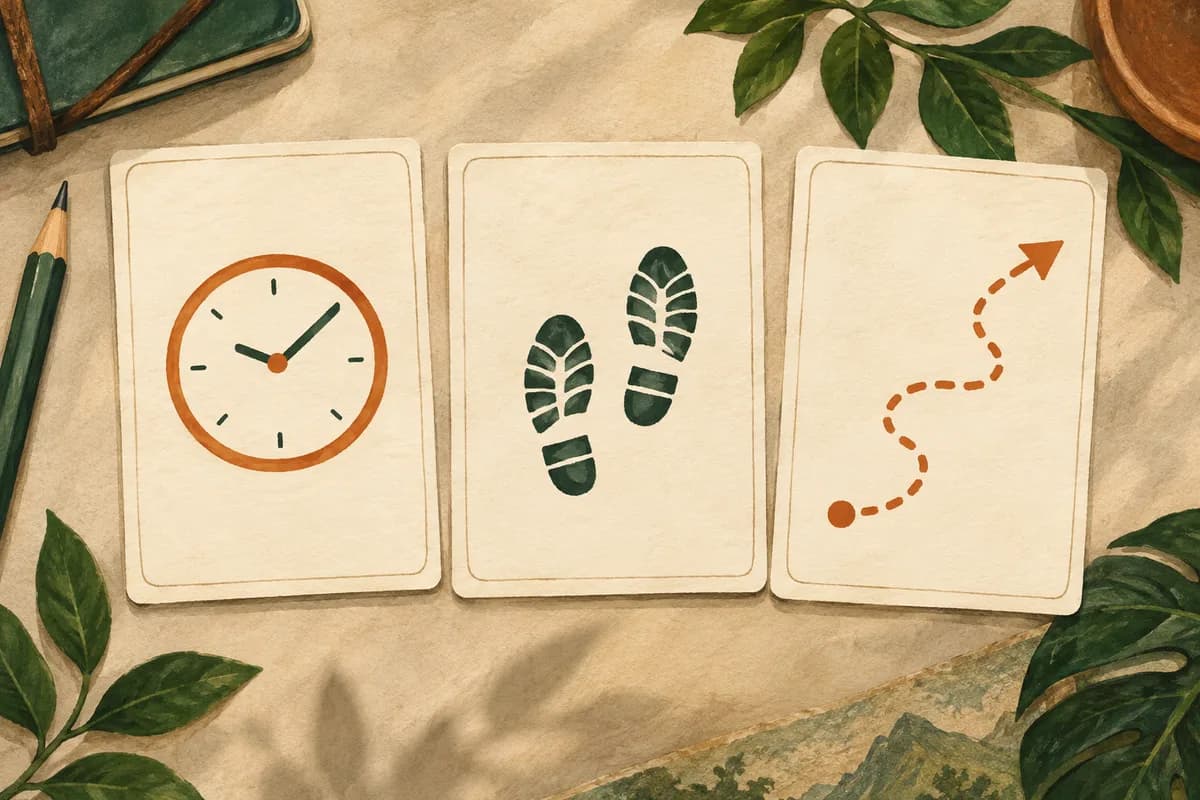 Illustrated planning cards with route, clock and walking icons beside a pencil