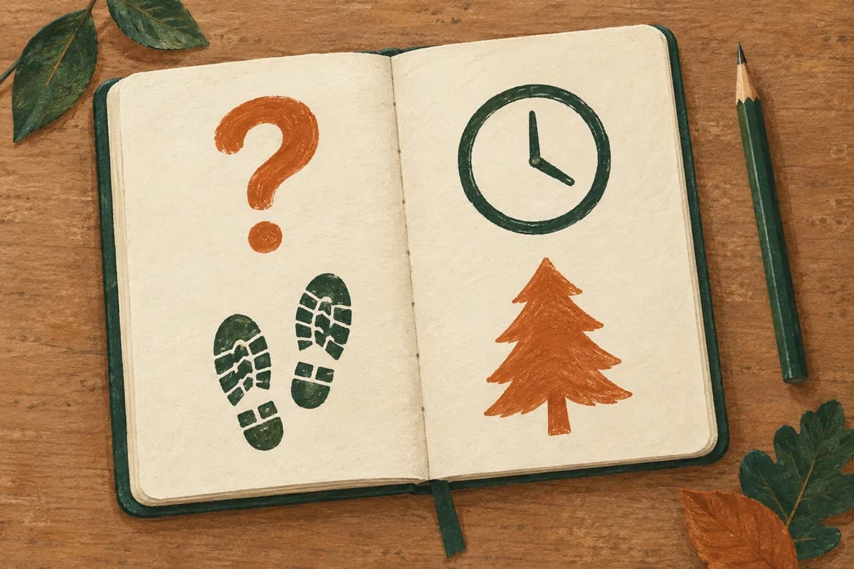 Illustrated notebook with question, clock, walking and forest icons