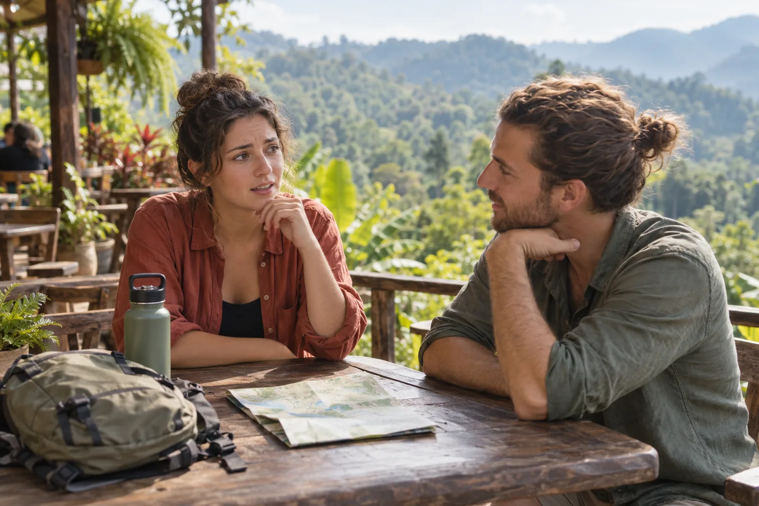Two travelers talking over a map before an outdoor day trip