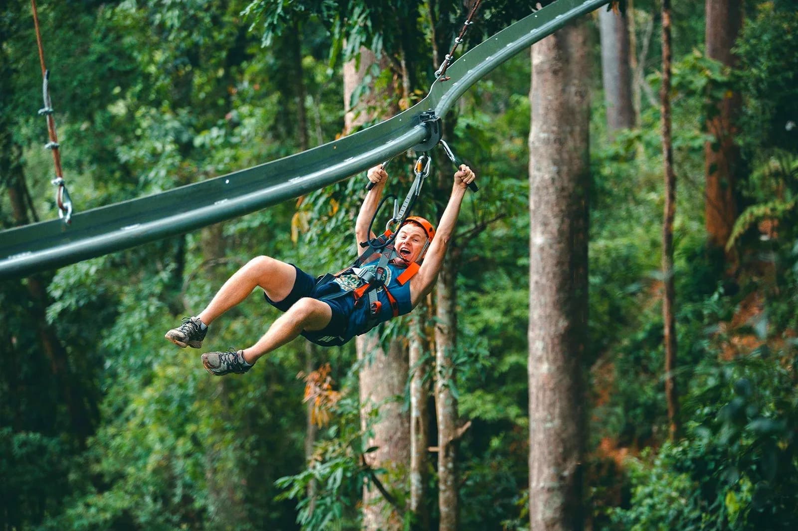 Visitor riding through the forest at Jungle Flight
