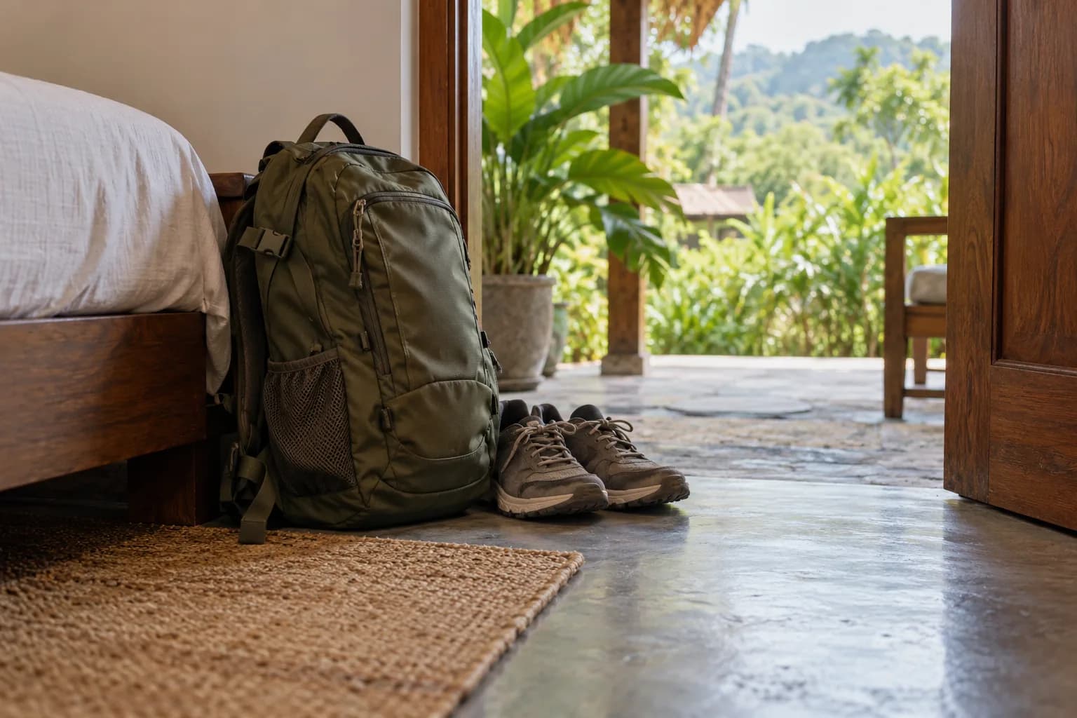 Daypack and closed-toe shoes beside a guesthouse doorway