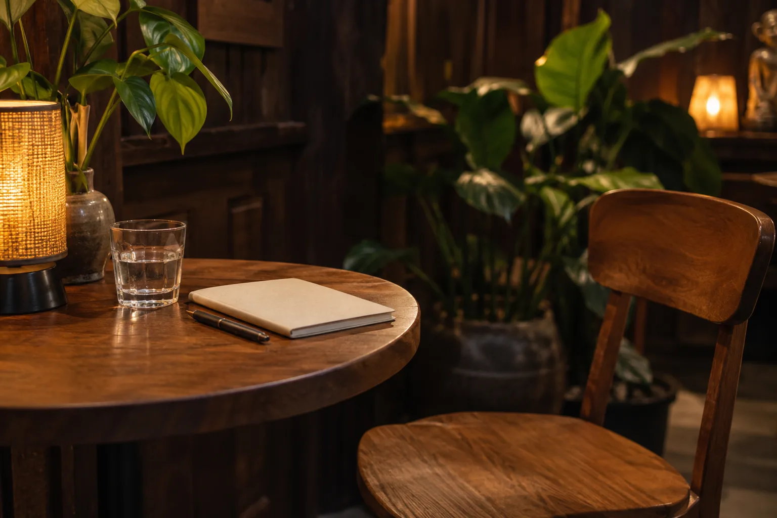 Notebook and water glass on a quiet wooden cafe table