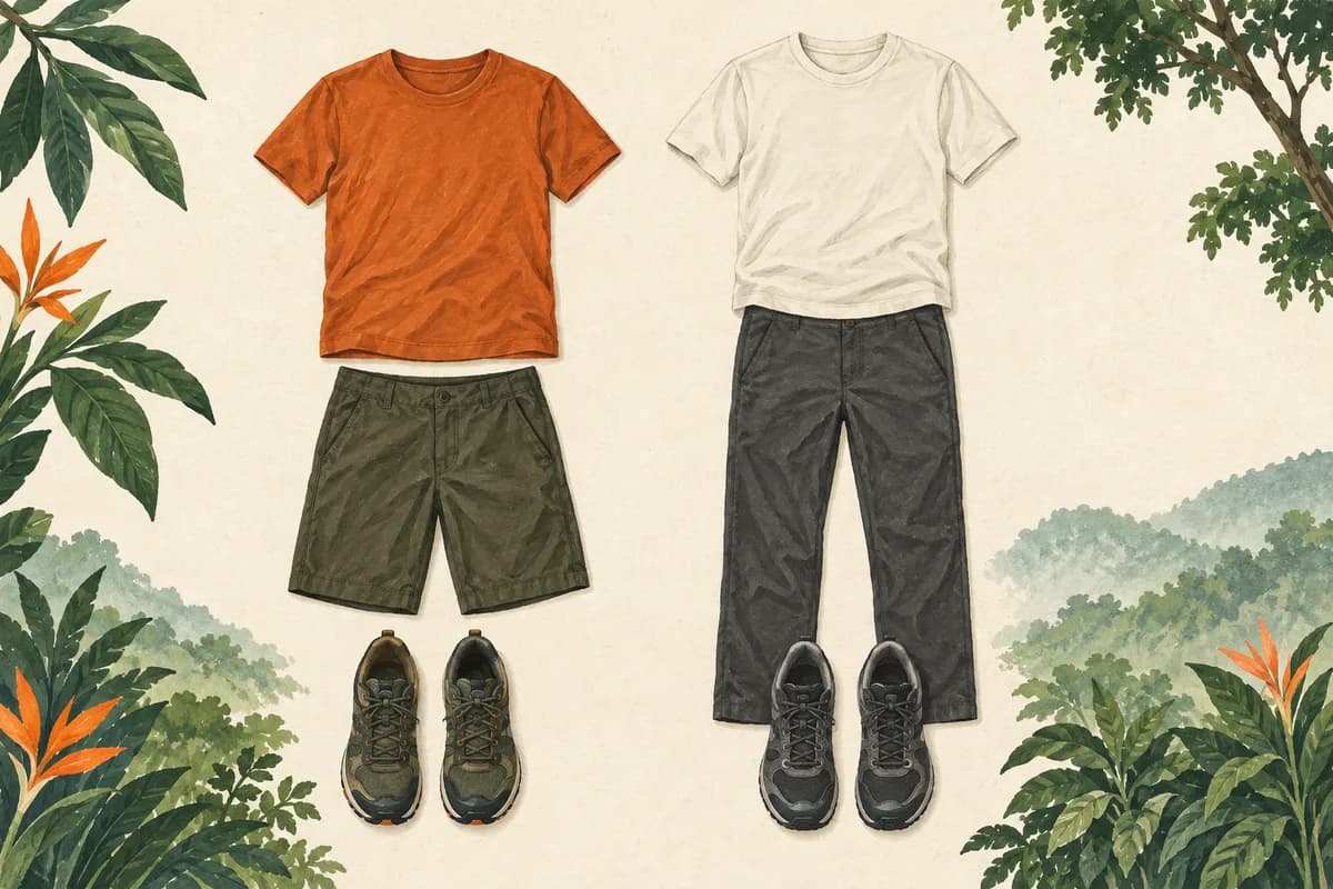 Illustrated outfit options with T-shirts, shorts or long trousers, and closed-toe shoes