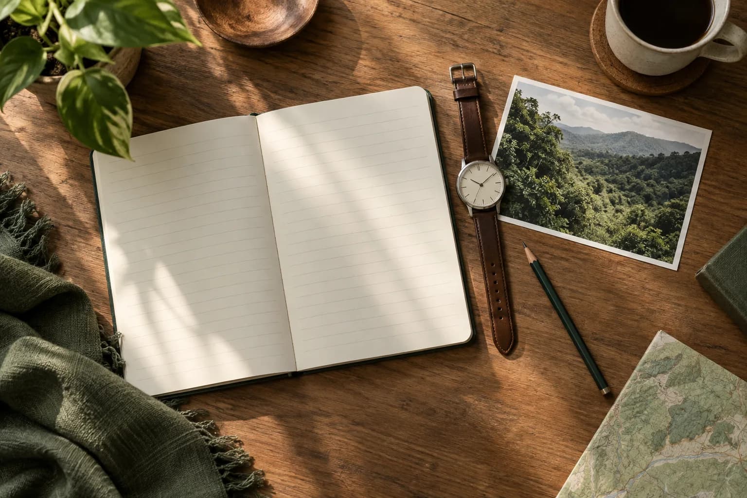 Open notebook, wristwatch and forest postcard on a wooden desk