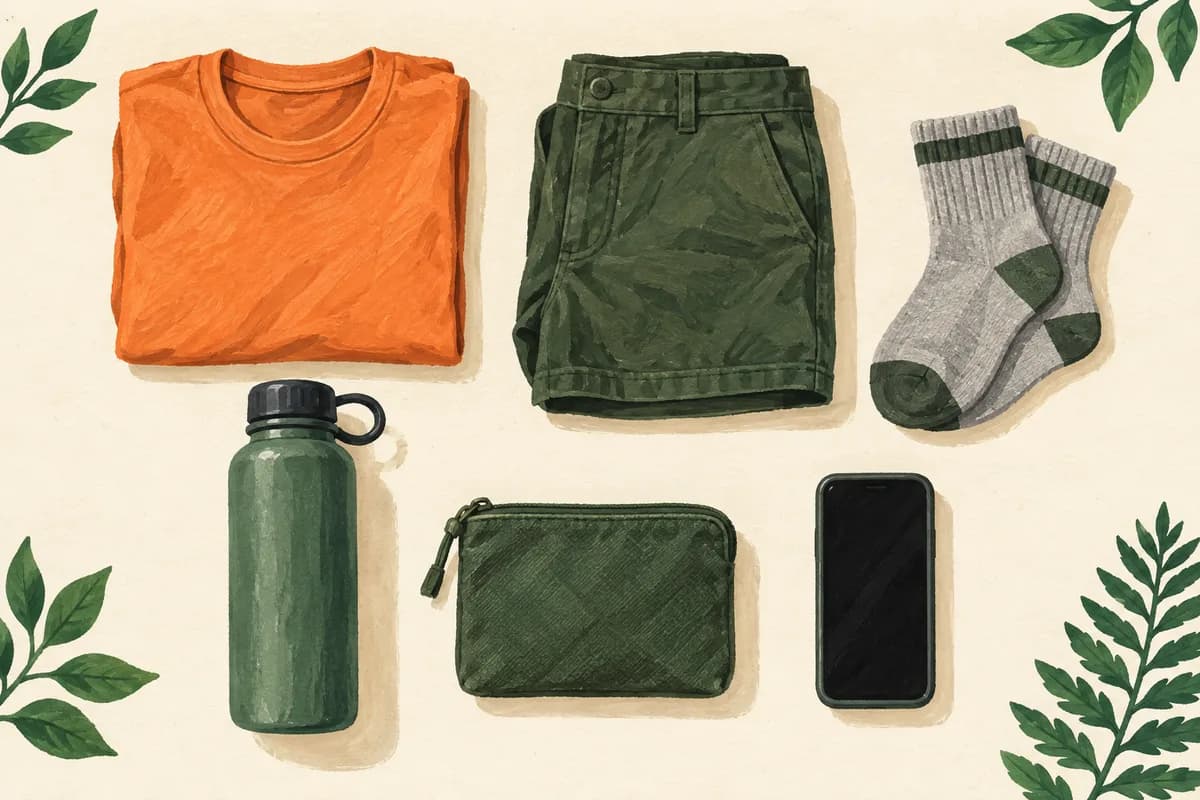 Illustrated day-trip items including spare clothes, socks, a bottle, a pouch and a phone