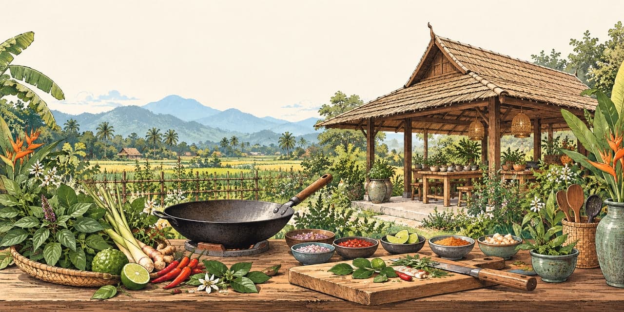 Illustration of a Thai cooking pavilion surrounded by herbs, vegetables and a lush garden